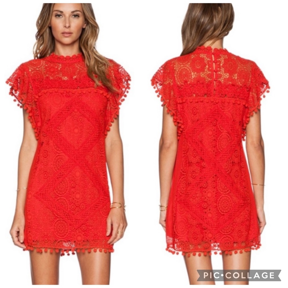 Tularosa Clayton Pom Pom Trim Crochet‎ Lace Tunic Dress Cayenne Red XS
